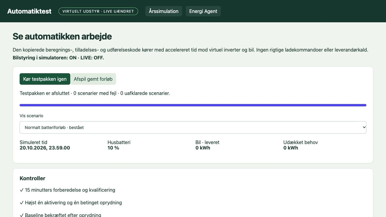 Gemte automatiktest med virtuelt udstyr. Bilstyring er slået til i simulatoren og fra i LIVE. Der blev ikke startet nye test ved billedtagningen.